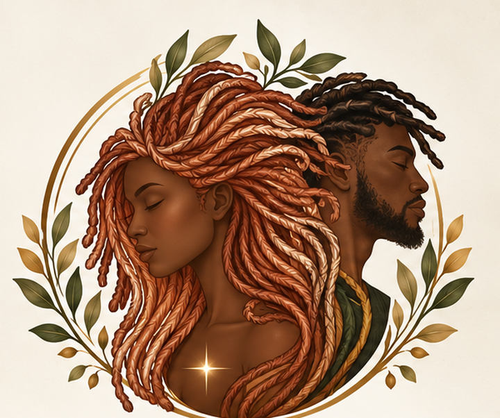 The Loc Therapy inclusive emblem — a woman and a man, both with locs, framed together by a gold ring and botanical branches